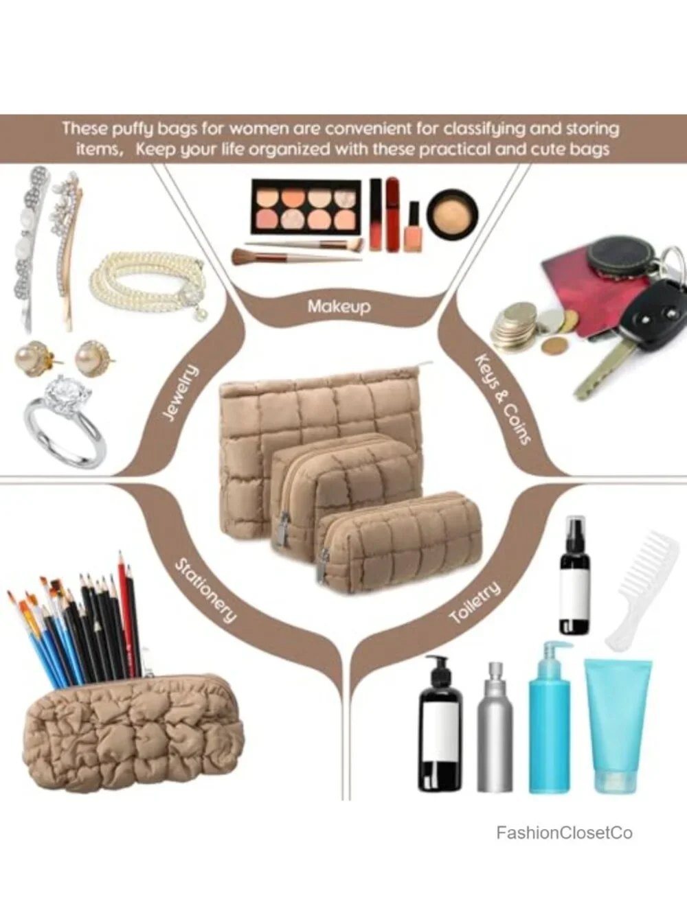 Puffy Quilted Makeup Bag Set Cosmetic Pouch Travel Toiletry Organizer